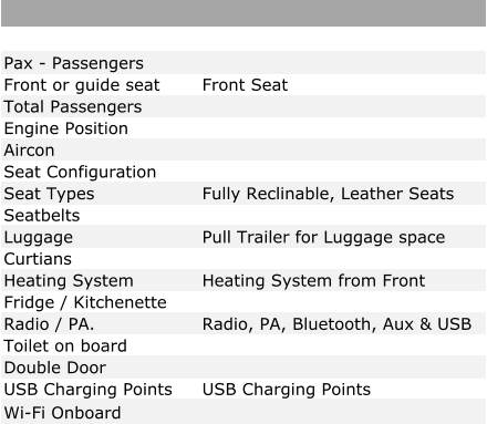 Pax - Passengers Front or guide seat Front Seat Total Passengers Engine Position Aircon Seat Configuration Seat Types Fully Reclinable, Leather Seats Seatbelts Luggage Pull Trailer for Luggage space Curtians Heating System Heating System from Front Fridge / Kitchenette Radio / PA. Radio, PA, Bluetooth, Aux & USB Toilet on board Double Door USB Charging Points USB Charging Points Wi-Fi Onboard